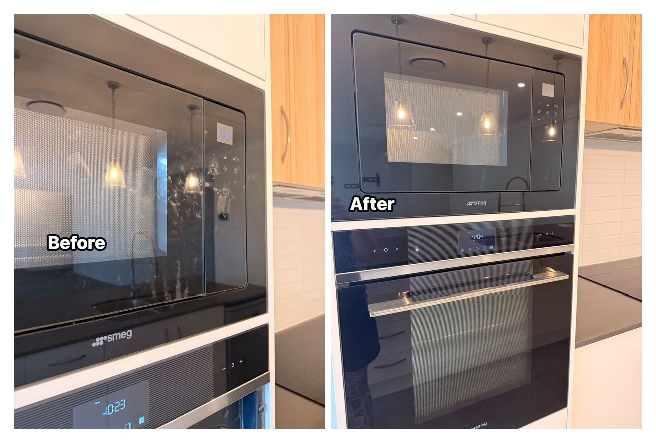 Real Pineapple Cleaning job, before and after — built-in microwave glass