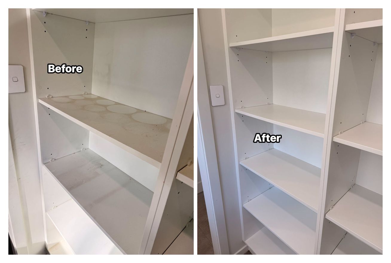 Real Pineapple Cleaning job, before and after — pantry shelving